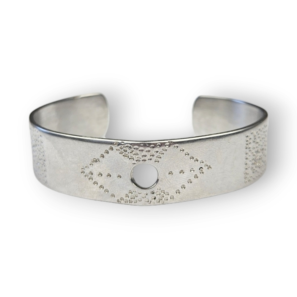 Vintage Etched Cuff Bracelet Geometric Dot Shiny Silver Tone Handmade ~6.75"